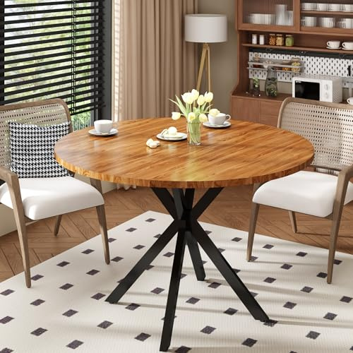 DKLGG Walnut Round Dining Table, Mid-Century Modern Round Dining Table for 4-6 Person, 39 Coffee Table with Metal Black Legs for Cafe/Bar Kitchen Dining Office, Save Space (Only Table)