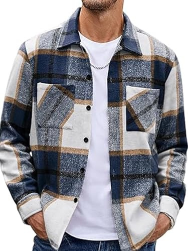 EUDOLAH Chemise Flanelle Homme à Carreaux Surchemise Manches Longues en Coton Style Bûcheron Col Button Down et Coupe Regular Fit Style Vintage Décontracté (L,Bleu)