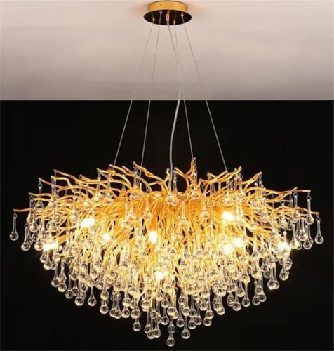 Leomix Mattes Kristall-Leuchten Mit Baumzweigen, Moderne Gold-Hängelampe Für Hohe Decken - Perfektes Hängelicht Für Esszimmertisch, Kücheninsel Und Wohnzimmer,Round 80cm