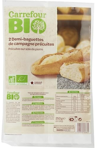 BIO - Demi-Baguettes Précuites Bio CARREFOUR | Onctueuses et savoureuses | Idéales pour vos burgers | baguettes de 125g | LOT DE 4
