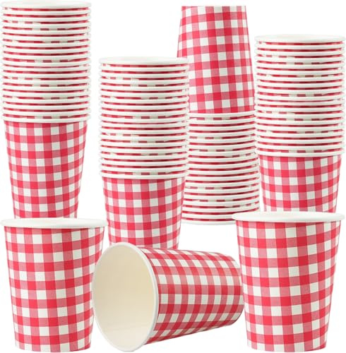 Cherypick Gobelets en carton jetables 240 ml – lot de 50 | motif vichy Rouge, pour boissons chaudes et froides, maison et bureau (Rouge)