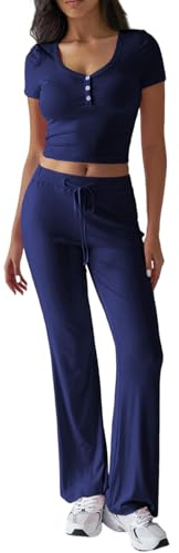 Rayson Tuta Donna Elegante Completo Sportivo Manica Corta e Pantaloni | Top Maglia con Bottoni,Top Girocollo,Pantaloni con Tasche e Coulisse,per l'Estate