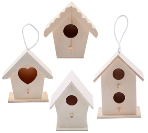 Gemuseeee 4 teiliges DIY Vogelhaus Set aus Holz, unfertiges herzförmiges Vogelhaus zum Bemalen Naturholz Bastelset für Kinder und Erwachsene, Garten und Innendekoration, Vogelhäuser aus Holz, Bi