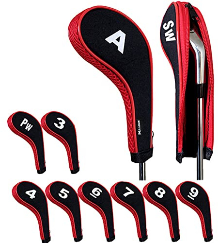 Andux Golfschläger Schutzhülle Golfeisenabdeckung mit Nummernaufdruck, Reißverschluss Lange Hals/Set, schwarz / rot
