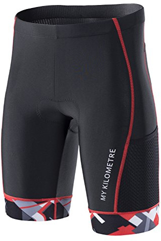 MY KILOMETRE Mens Triathlon Shorts with Adjustable Drawstring Easy Reach Leg Pockets Chamois for Long-Distance Tri Race (Black-red Medium)