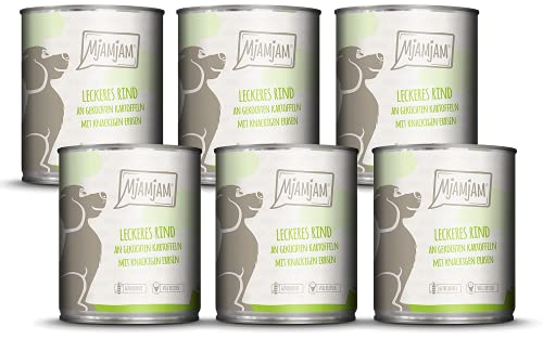 MjAMjAM - Premium Nassfutter für Hunde - leckeres Rind an gekochten Kartoffeln mit knackigen Erbsen, 6er Pack (6 x 800 g), naturbelassen mit extra viel Fleisch