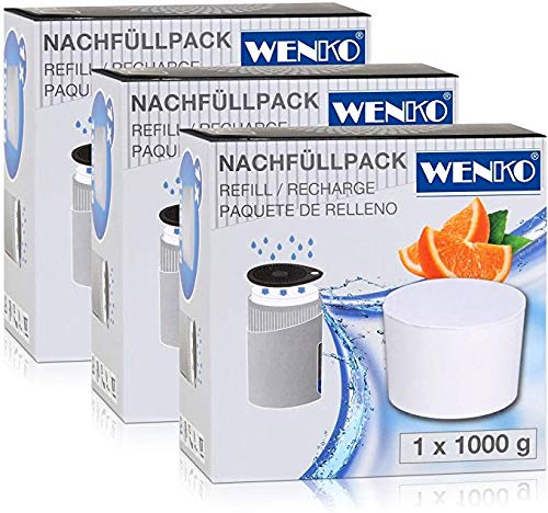 WENKO Lot de 3 recharges pour Absorbeur d'humidité Drop 1000g | Parfum Orange | Granulé déshydratant chlorure de Calcium Anti humidité | Jusqu'à 80m³ | Anti Odeur Anti moisissure | 11x7,5cm | Blanc