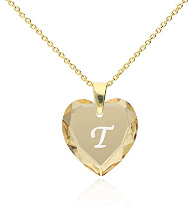 Damen Halskette 925 Silber vergoldet mit SWAROVSKI ELEMENTS Herz Anhänger und Buchstabengravur A - Z, Herzkette als Geschenk für die Frau, Freundin oder zum Valentinstag