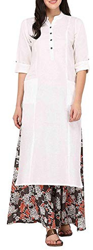 Ladyline Túnica lisa de algodón puro para mujer, mangas 3/4, cuello con botón enrollable, con bolsillo, Kurti Kurta, blanco, XXXXL