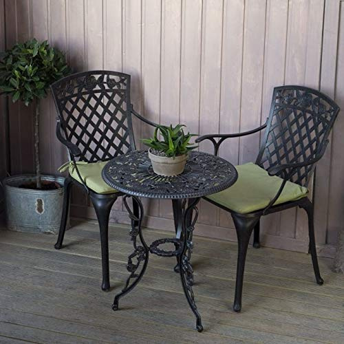 Lazy Susan London Rose Bistrotisch | Rund | 2-Sitzer | wartungsfrei | wetterfest | Sandguss-Aluminium | Antik Bronze | Rose stühle | grüne Kissen