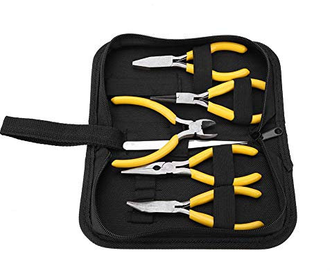Juego de alicates profesionales para joyería, alicates de punta de aguja de 5 piezas, juego de alicates para hacer joyas de acero resistente y duradero con bolsa de almacenamiento portátil