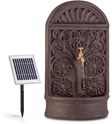 blumfeldt Blumquell Solarbrunnen, Gartenbrunnen, Zierbrunnen, Dekobrunnen, LED-Beleuchtung: weiß, mit Solarpanel, für draußen, Florale Muster, mit Akku, extra langes Kabel: 5 m, braun