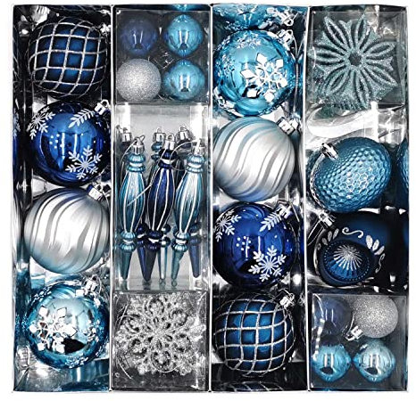 SVNVIOZ 70 Stück 8cm Silber Blau Weihnachtskugeln, Christbaumkugeln Kunststoff Deko Weihnachten, Bruchsicher Weihnachtsbaumschmuck mit Aufhänger, Weihnachtsbaumkugeln für Weihnachtsdeko Innen Aussen