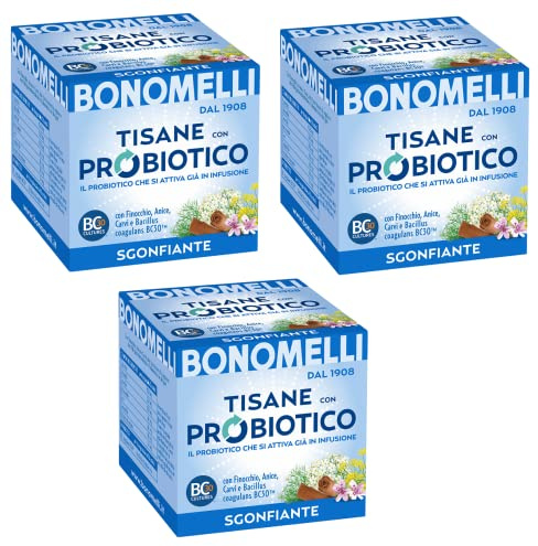 Bonomelli Tisane con Probiotico Sgonfiante Tés de hierbas con probióticos, con hinojo, anís y comino, paquete de 10 filtros