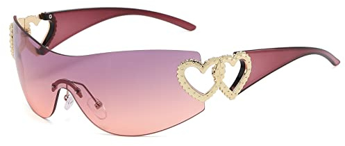 YAMEIZE Trendy Y2K Wraparound Heart Occhiali da Sole - per le Donne Uomini Elegante Rimless Wrap Around Oversized Occhiali Neri Ciclismo Guida Shopping All'apert
