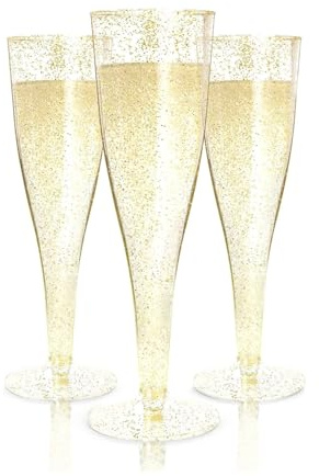 Prestee 48 Pack Champagne Flutes Plastic Disposable - Gold Glitter Flute Glasses for Champagne, Mimosa Bar, New Year's Eve 2025 Party Supplies, Wedding, Shower, Event - 4.5 oz Fairy Stemware