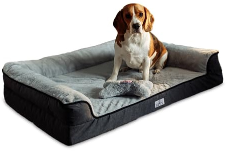 Giesty Orthopädisches Hundebett für Grosse Hunde, Hundecouch mit hohem Rand, Haustierbett, Hundesofa waschbar, Baumwollleinen und Kunstpelz (Grau, L(90 * 68 * 20cm))