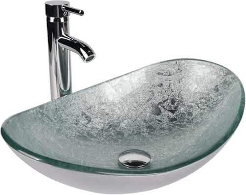 ZealWe Waschbecken Aufsatzwaschbecken Glas, Waschbecken Aufsatz Waschschale Oval für Badezimmer, Handwaschbecken Gäste WC 53 × 35 × 16 cm Waschtisch Waschplatz, Modern Silber