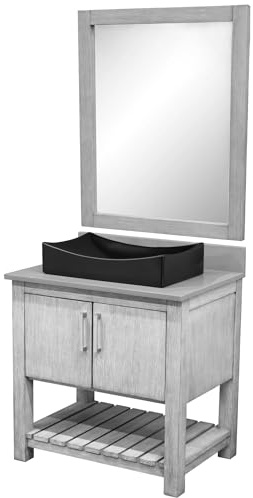 Miseno MV-30SG-NOBV-280-1141MB-MIR 30 Free Standing Single Basin Vanity Set with Cabinet, Grey Quartz Vanity Top, Porcelain Vessel Sink and Mirror - Stonewash Grey/Storm Grey Top/Brushed Nickel
