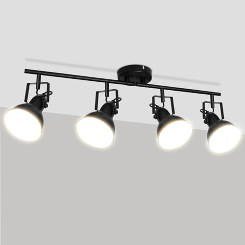 HiBay 4 Way LED Spotlights Ceiling Lights, Rotatable Ceiling Spots Light Fitting, Retro Black Spotbars E27 for Kitchen Lounge Bedroom Hallway, Bulb not Included