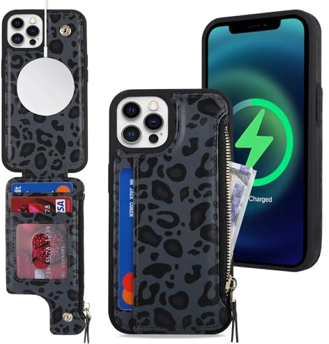 SailorTech iPhone 12/12 Pro Etui mit Kartenhalter, iPhone 12/12 Pro Hülle mit Reißverschluss Kartenfach Geldbörse für iPhone 12/12 Pro Handyhülle Lederhülle - Schwarzer Leopard