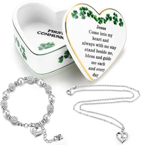 FoldTier 3 pezzi regali per prima comunione per ragazze bambine collana croce braccialetto prima comunione trifoglio irlandese gioielli scatola ricordo prezioso battesimo battesimo regali per ragazze,