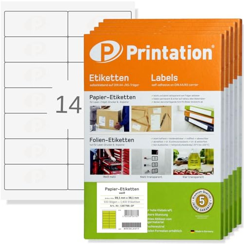 Printation Etiketten 99,1 x 38,1 mm selbstklebend blanko weiß bedruckbar - Internetmarke Adressetiketten - 7000 99x38 auf 500 DIN A4 Bogen 2x7 BigPack - 14 pro Blatt - Adressaufkleber L7163 4678 5076
