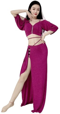 GeRRiT Bauchtanz Kostüm für Frauen, 2 Stück Bauchtanz Rock Top Set Training Kleidung Sexy Performance Mädchen Bauchtanz Kleidung Outfit,Lila,L