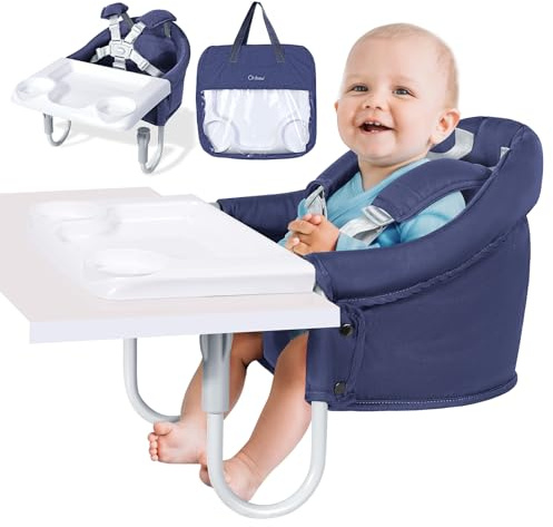 Orzbow Seggiolino da Tavolo per Bambini con Vassoio,Seggiolone Pappa Portatile con Imbracatura a 5 Punti,Tappetini per l'imbottitura della Tracolla,per l'uso Domestico e Viaggi,Blu