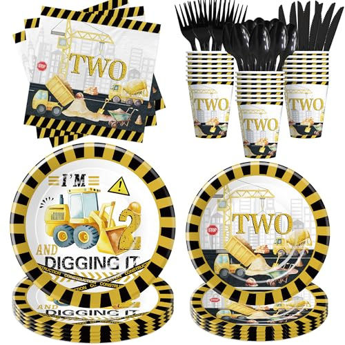 Xenorik Construction 2nd Birthday Party Supplies - Excavator Dump Truck Construction Two-Year-Old Birthday Decorations Tableware, Paper Plate, Cup, Napkin, Disposable Cutlery | Serves 24