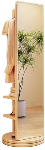 Ganzkörperspiegel, 360° Drehbarer Massivholz-Bodenspiegel, freistehender Körperspiegel mit Garderobe, Säulen-Garderobenleiste mit Ganzkörperspiegel für Wohnzimmer, Schlafzimmer (Originale Holzfarbe)