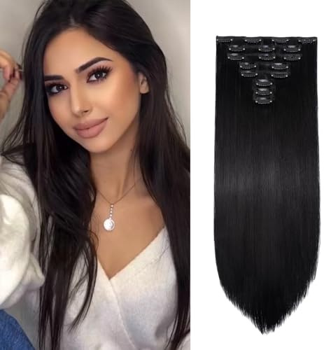 Gairyan Clip in Extensions Haarverlängerung Glatt Lang 8 Teile Set Synthetik Clip in Haarverlängerungen Haarteil Hair Extensions 66cm Kunsthaar für Mädchen (Schwarz)