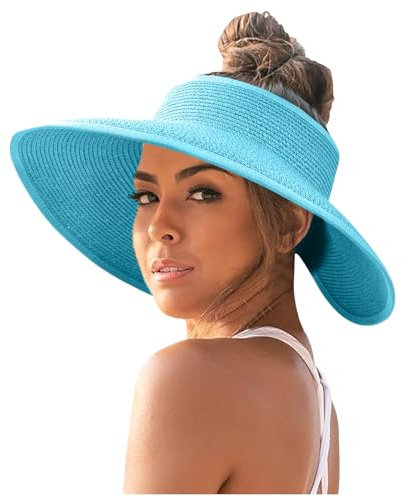pvucpot Strohhut Damen Faltbar Strandhut Sonnencap Sommer Sonnenhut Sonnenschutz Sonnenschild Kopf Breite Krempe Visor Cap Schildkappe Sommerhut für Damen Frauen Strand Golf Leicht Sommerhut Leichter