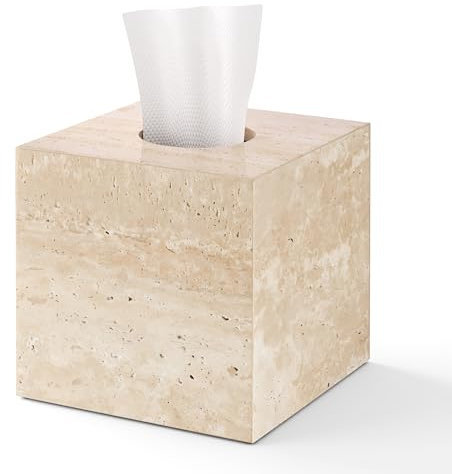 N NANSHOP Natürlicher Travertin-Marmor-Tücherbox-Halter, quadratischer Würfel-Tücherbox-Halter mit offenem Boden, für Badezimmer, Waschtisch, Schlafzimmer, Kommoden, Küchenarbeitsplatte,