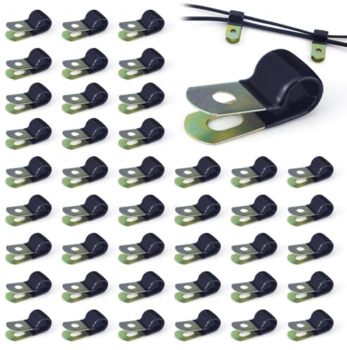 LELE LIFE 50Pcs 10mm Cable Clamps, Vinyl Coated Steel Wire Clamps Pipe Clamp, R-Style Insulated Rope Light Clips Strong Metal Cable Clips for Hose Conduit Extension Cord, Black (10mm)