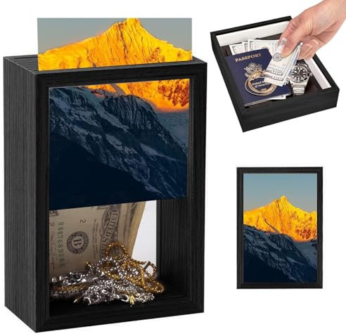 Pasdrucn Fotorahmen Safe Tresor, Fotorahmen Mit Verstecktem Geld, Rahmen Geheimversteck Aus Holz, Geldverstecke Für Zuhause, Geld Verstecke Für Draußen Im Garten (Schwarz)