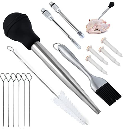 Turkey Baster Set w/Timer and Lacer – Stainless Steel Turkey Baster with Silicone Bulb, 2xPump Flavor Injectors, Silicone Brush, Pop-Up Timer, Turkey Lacer and Cleaning Brush, A Must For Thanksgiving