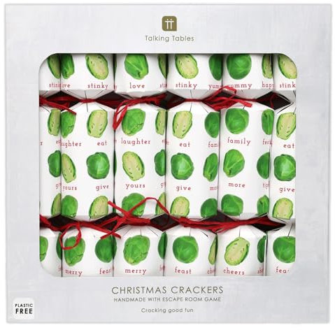 Talking Tables 6 x Christmas Crackers with Crown Party Hats, Joke Sheet, Escape Room Game, Botanical Sprout White Design Eco-Friendly Xmas Tableware, Recyclable