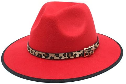 Britischer gewickelter Wollzylinder Herbst und Winter Vintage Filzhut großkrempiger Leoparden-Jazzhut(Rot)