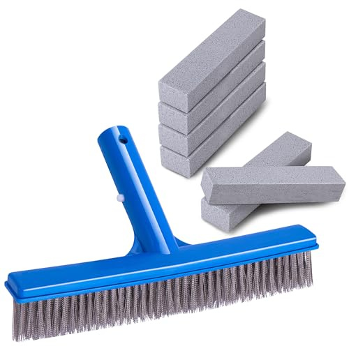Adnee Juego de 6 piezas de piedra pómez para piscina y cepillo de piscina de acero inoxidable de 10 pulgadas con cepillo de piscina para limpieza de piscinas, piedra pómez y kit de cepillo de piscina