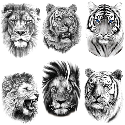 3D Realistischer Tiger Tattoo Aufkleber,3D Klebe-Tattoos, Aufkleber Löwe Tiger Tattoo Sticker für Männer Frauen, Wasserdicht Schwarz Schmerzlos Fake Tattoo Karosserie Rücken Arme Brust, Körperkunst