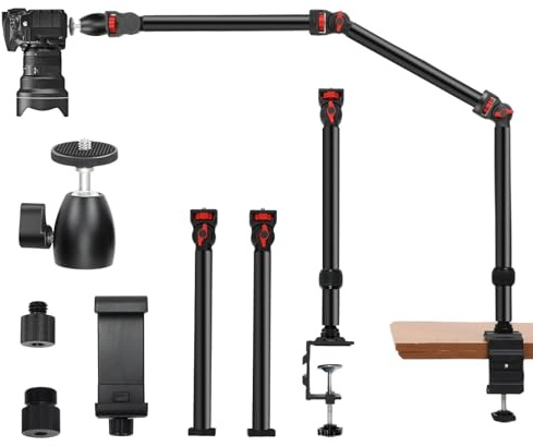 Taisioner Overhead Camera Mount Desk Stand 3-Section Articulated Arm with Heavy Duty C-Clamp 360° Ball Head 5LB Load Capacity Compatible with DSLR,Webcam,Lights,Microphone Live,YouTube,Online Courses