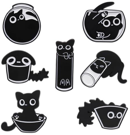 7 spille smaltate con gatti neri, graziose spille smaltate con animali, per giacche, cappelli, No, No