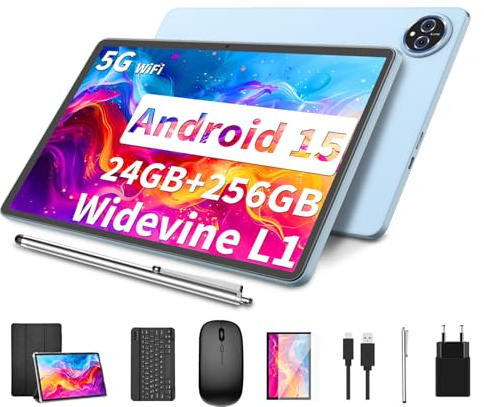 YLEEBG Android 15 Tablet 11 Zoll 2-in-1 mit Tastatur 24GB RAM + 256GB ROM (1TB erweiterbar) Octa-Core, 8000mAh, Dual-Band WiFi 13MP+5MP Dual-Kamera Inkl. Tastaturhülle, Maus & Stift (Schwarz)