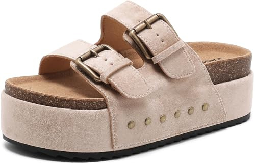 BiuYorBTY Women's Platform Clogs Sandals Cork Footbed with Comfort Double Buckles, Summer Platform Slides Mules, Summer Beach Comfort Wide Widths Availab
