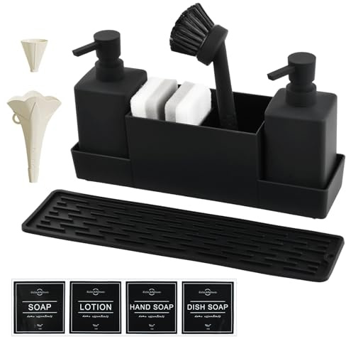 Mapille Seifenspender Set mit Organizer, Spülmittelspender Küche Set, Spülschwämme, Bürste, Abtropfmatte, Etiketten, Waschbecken Organizer Küche, Geeignet für Küchenspüle (Schwarz)