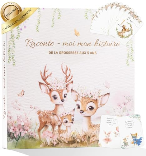 IMIKILAM Libro di nascita per bambini da riempire album ricordo misto della nascita ai 5 anni, 113 pagine, 13 carte mese al mese, bambino - 2 biglietti annuncio padrino madrina inclusi