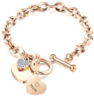 MGJ™ Crystal Mum Heart Charm Toggle Bracelet for Women - Hypoallergenic Silver/Rose Gold Jewellery Gift for Her (Rose Gold)