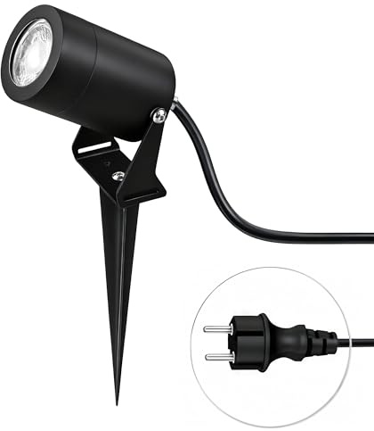 JNR Edelstahl LED Gartenbeleuchtung mit Strom und Erdspieß (1, Schwarz) | IP65 Wasserdicht Gartenlampen für Draußen Strom mit 2M Kabel mit Stecker, Gartenleuchten 5W GU10 3000K Warmweiß Glühbirne