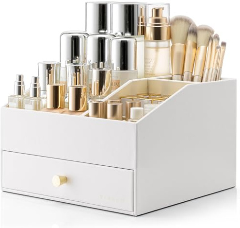 Vlando Make up Organizer mit 2 Schubladen, Schminktisch Organizer, Kosmetik Organizer, Schmink Organizer für Badezimmer, Dresser Skincare, Weiß